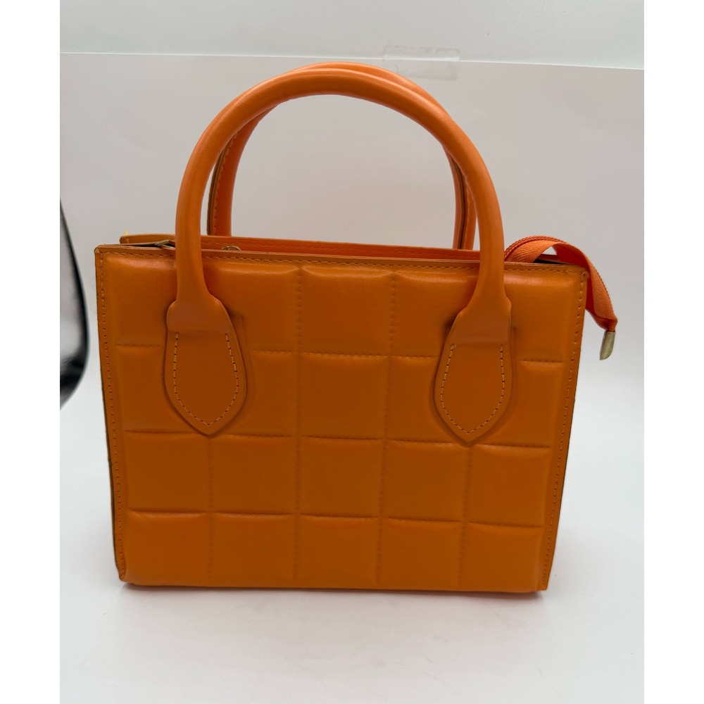 Orange Quilted Grid‎ Satchel Handbag with Crossbody Strap Top Handle Bag